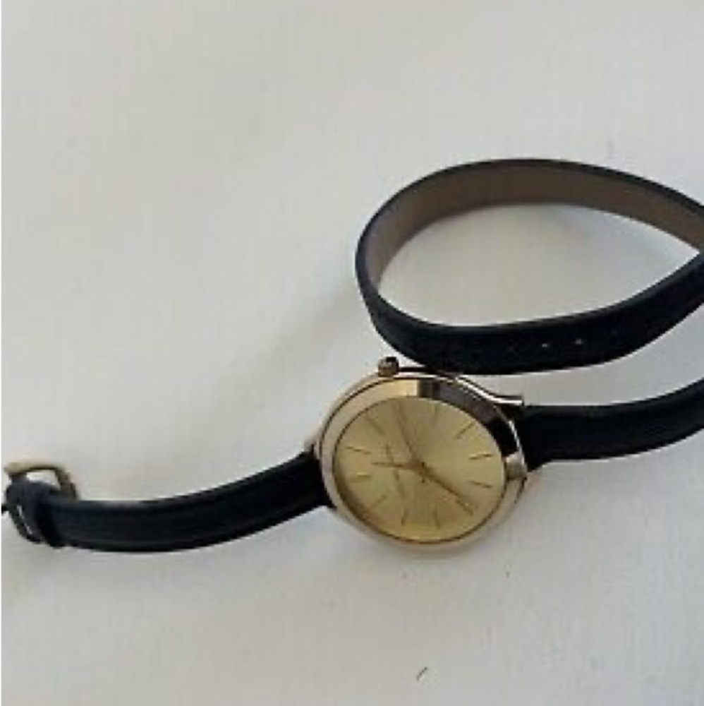 Michael Kors Gold Tone Watch Double Wrap Black Leather